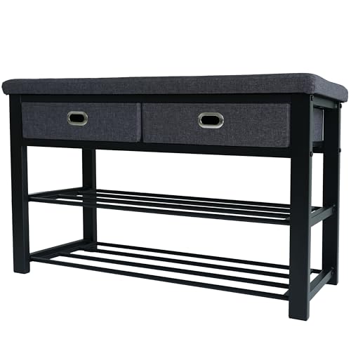Finnhomy Entryway Shoe Rack with Cushioned Seat, Shoe Bench for Entry, 3-Tier Shoe Storage Organizer with 2 Drawers, Gray - style: Art Deco