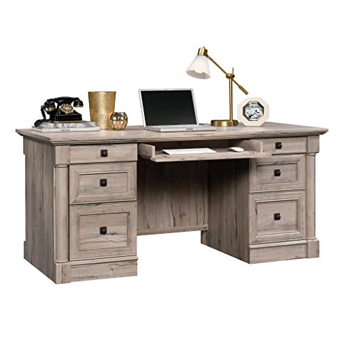 Sauder Palladia Office Desk with Drawers, Executive Desk with File Cabinet Storage, Cable Management, Keyboard Tray, in Split Oak Finish - color: Split Oak