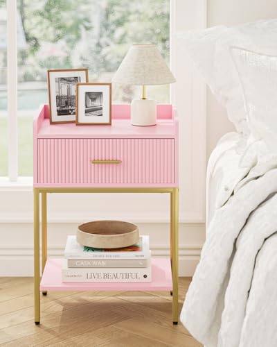 Nightstand, 3-Tier Bed Side Table, Small End Table, Night Stand with Open Shelf and Drawer, Bedside Table for Bedroom, Living Room, Pink - color: Pink, style: Without Charging Station