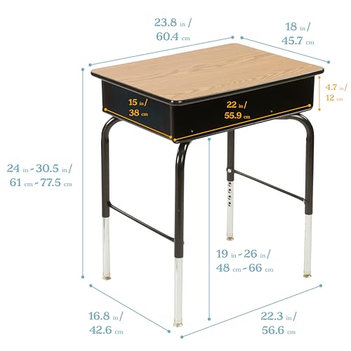 ECR4Kids Open Front Desk with Metal Storage Book Box, Adjustable, Classroom Furniture, Oak - color: Black and Oak