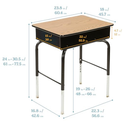 ECR4Kids Open Front Desk with Metal Storage Book Box, Adjustable, Classroom Furniture, Oak - color: Black and Oak