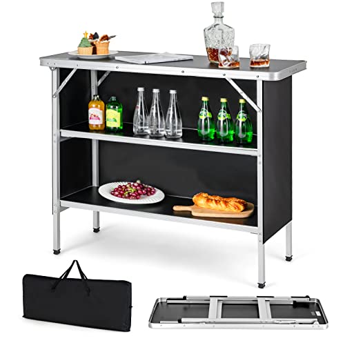 COSTWAY Folding Picnic Camping Table, Portable Camping Table with Carry Bag | Food Prep Station with 2 Shelves, Quick Set-up, Outdoor Lightweight Aluminum Table for BBQ, Party, Backyard (Black) - color: Black, size: 43.5"W x 34.5"H