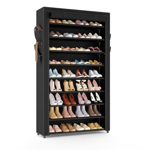 VILICK Shoe Rack with Cover Narrow Shoe Organizer with Pockets 10 Tier Tall Shoe Storage Holds 36-41 Pairs Shoes and Boots Shoe Rack for Closet Entryway Garage, Black - color: Black, size: 10 Tiers-34.6" Wide