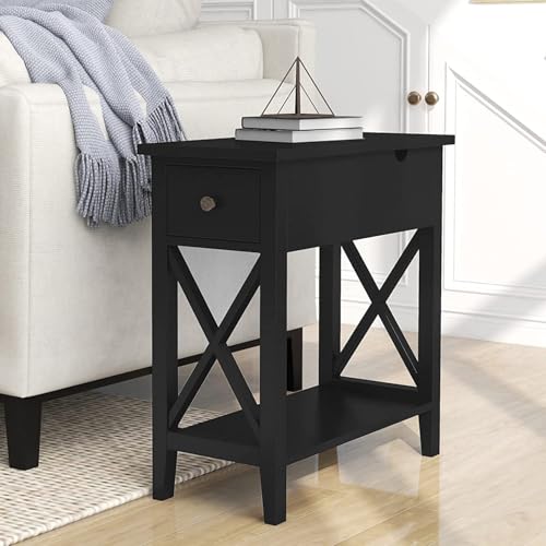 ChooChoo End Table, Flip Top Narrow End Table with Drawer, Set of 2 | Narrow Side Table with Flip Top, Accent Small Side Table Nightstand for Living Room, Bedroom, and Small Spaces, Black - color: Black, size: 2 Pack, style: Without Power