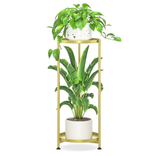 iDavosic.ly 2 Tier Corner Plant Stand Indoor, Tall Vertical Metal Flower Heavy Duty Pot Holder Shelf Outdoor for Patio Porch Living Room, Gold - Round - color: Gold, size: 2 Tiers