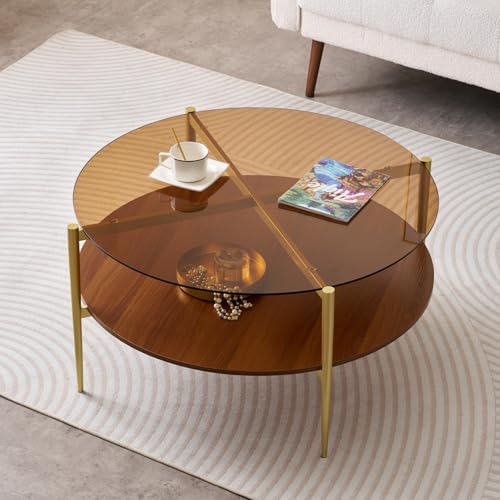 LumFurn Extra Large Round Coffee Table, Mid-Century Modern Design, D34 x H17 in, for Living Room, 2-Tier Structure, Amber Glass Top and Walnut MDF Shelf, Sleek Conical Metal Legs with Gold Finish - color: Amber & Walnut, size: D34" Round Coffee Table