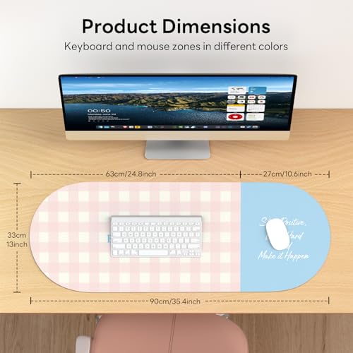 Checkered Pattern Desk Pad Protector, 35.5 x 13'' Aesthetic Mouse Mat for Desktop, Waterproof PU Leathe Non-Slip Desk Writing Pad for Office and Home, Light Pink and Blue - color: Light Pink and Blue