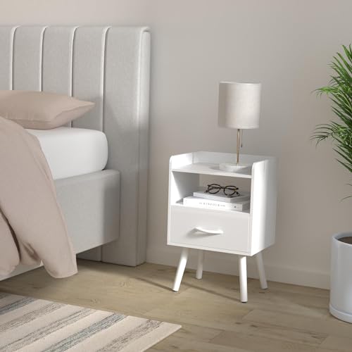Yoobure Modern Nightstand with Drawer, Bedside Tables, Mid Century Nightstands with Open Storage Shelf, Wood Bedside Table, Small Night Stands for Bedrooms, 2-Tier Night Table - color: White