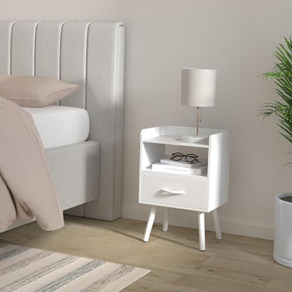 Yoobure Modern Nightstand with Drawer, Bedside Tables, Mid Century Nightstands with Open Storage Shelf, Wood Bedside Table, Small Night Stands for Bedrooms, 2-Tier Night Table - color: White