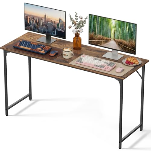 55 Inch Computer Desk, Large Office Desk, Metal Frame Writing Table with Reinforced Sturdy Build, Water-Resistant Scratchproof Surface, Adjustable Feet for Bedroom Home Office & Study, Brown - color: Brown, size: 55 inch
