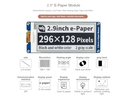 2.9inch e-Paper Display Module, 296x128 Resolution 3.3V/5V Two-Color epaper Display E-Ink Screen Module SPI Interface Compatible with Raspberry Pi/Arduino/Jetson Nano,Support Partial Refresh