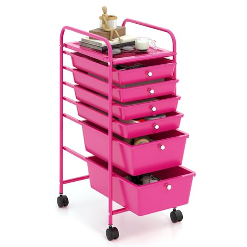 GOFLAME 6-Drawer Rolling Storage Cart, Multifunctional Art Craft Organizer, Mobile Utility Storage with Removable Drawers & Lockable Wheels, Craft Cart for Home Office, Hot Pink - color: Hot Pink, size: 6-Drawer without Wood Top