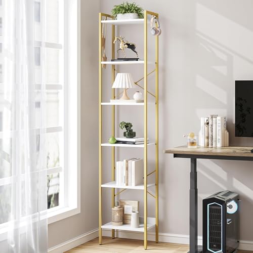 Hzuaneri Bookshelf, Book Shelf, Industrial Bookcase with 2 Hooks, Coner Shelf Storage Organizer for Home Office, Living Room, Bedroom, Kitchen, 6-Tier White-Gold BC10713G - color: White Gold, size: 9.4"D x 15.4"W x 72.8"H