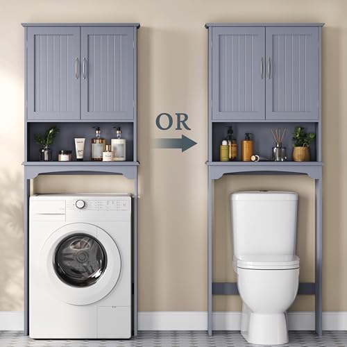 Yaheetech Over The Toilet Bathroom Cabinet with 2 Doors & Adjustable Shelf, Free Standing Toilet Rack Space-Saving, L24.5xW9xH66 Inches, Grey - color: Grey