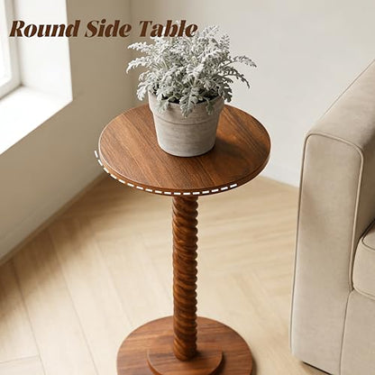 Small Drink Table, Round Pedestal Side Table, Martini Table for Small Spaces, Wooden End Table with Spiral Leg, Plant Stand Accent Table for Living Room, Bedroom, Bathroom, Easy Assembly, Brown - color: Brown