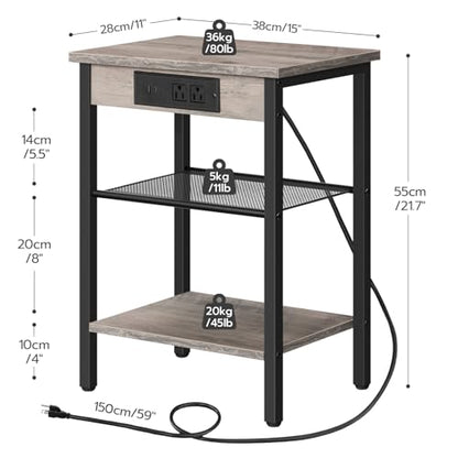 HOOBRO Side Tables Set of 2 with Charging Station and USB Port, Small End Tables for Small Space, 3-Tier Nightstands with Adjustable Shelf, for Living Room, Bedroom, Greige and Black BG112BZP201 - color: Greige + Black