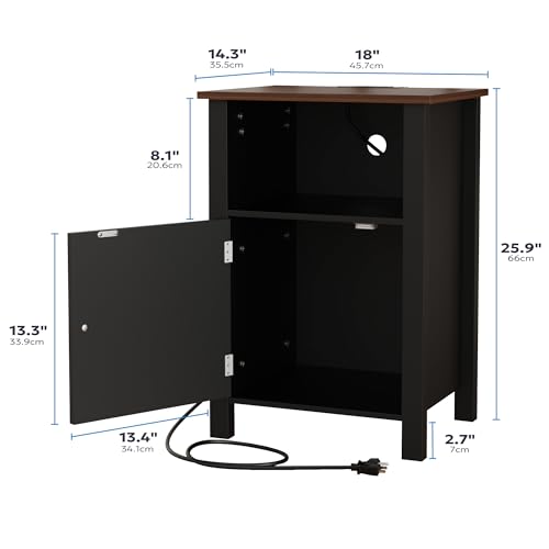 Furnify Farmhouse Nightstand Set of 2, Night Stand with Charging Station and USB Port, Modern Nightstand with Storage Shelf, Rustic Side Table with Open Space, Side Table for Bedroom, Black - color: Black