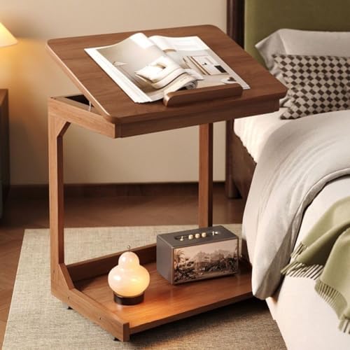 Modern C-Shaped End Table, 2 Tier Sofa Side Table with Wheels and Adjustable Desktop Small TV Tray Tables for Living Room Bedroom Apartment (Walnut, 60cm) - color: Walnut, size: 60cm