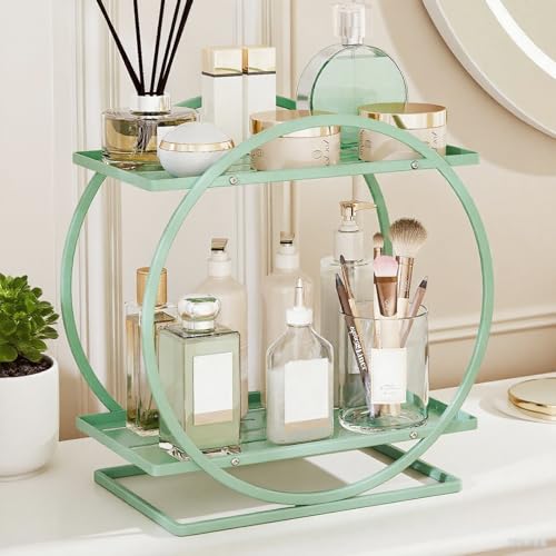 Perfume Organizer for Dresser, 2-Tier Bathroom Counter Organizers, Elegant Round Makeup Organizer for Vanity, Bathroom Organizer Countertop Shelf, Perfume Tray Skincare Storage (Green) - color: Green