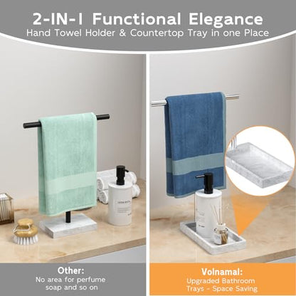 Volnamal 2-in-1 T-Shape Hand Towel Holder for Bathroom Countertop, Silver | Heavy Non-Tipping Towel Holder with Countertop Tray, Extended-Heigher Towel Stand for Standard, Rust-resistance & Durability