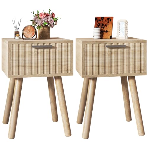 YMYNY Narrow Fluted Nightstand Set of 2, Small End Table, Modern Coffee Table with Drawer, Solid Wood Legs, Retaining Chain, for Bedroom and Small Spaces, Natural UHST014R-2 - color: Natural