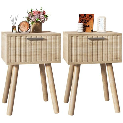 YMYNY Narrow Fluted Nightstand Set of 2, Small End Table, Modern Coffee Table with Drawer, Solid Wood Legs, Retaining Chain, for Bedroom and Small Spaces, Natural UHST014R-2 - color: Natural