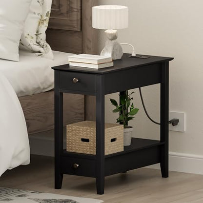 Treocho End Tables Living Room Set of 2 with Charging Station and 2 Drawers | Narrow Side Table with Ample Storage, Sofa Bedside Table for Small Spaces, Living Room, Bedroom, Black - color: Black