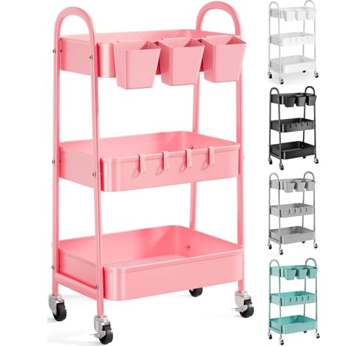 3 Tier Metal Rolling Cart with Lockable Wheels and Handle, Three Tiered Pink Trolley Cart on Wheels, Utility Storage Organizer for Bathroom, Kitchen, Teachers, Art, Crafts, Baby Diaper, Snack, Nail - color: Fashion Pink, size: 3 tier