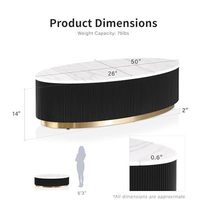 Furniture of America Beryl Modern Oval White Genuine Marble Top Coffee Table with Fluted Pedestal Base and Gold Stainless Steel Accent, Low Profile Table for Living Room, Home Office, Black - size: Coffee table, style: Oval