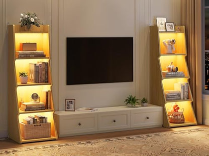 Hoctieon 5-Tier Open Bookcase and Bookshelf with LED Light, Floor Standing Display Storage Shelves, Wood Modern Display Organizer for Home Office, Living Room, Bedroom, Study, Yellow Oak