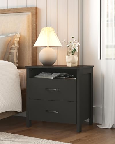 Farmhouse Nightstand, Rustic Nightstand with 2 Large Drawers, Wood End Table with Open Shelf, Bedside Table for Bedroom, Black - color: Black, size: 1 Piece