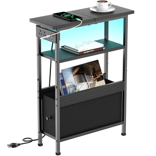 Creso hom Narrow Side Table with Charging Station and LED Light, End Table | Small End Table with Fabric Drawer, Skinny Nightstand with USB Ports & Type-C, Slim Side Table for Living Room, Black - color: Black, size: 7"D x 18.7"W x 24.8"H