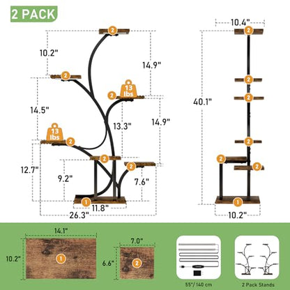 Plant Stand Indoor with Grow Lights - 2 Pack Plant Shelf, 7 Tier Lighted Corner Plant Stands for Indoor Growing, 40" Metal Flower Holder, Tree-Shaped Display Shelves with Adjustable Light, Black