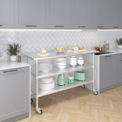 AmGood Stainless Steel Work Table with 2 Shelves and Casters | Metal Utility Table On Wheels (Stainless Steel Work Table with 2 Shelves + Casters, 60" Long x 24" Deep) - size: 60" Long x 24" Deep