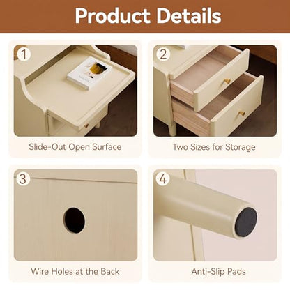 Nightstand Set of 2, Pre-Assembled, 19.7“H Solid Wood Night Stand with 2 Drawers, Open Sliding Shelf, Mid Century Modern Small Bedside Table for Bedroom, Cream 16" - color: Cream-2pack, size: 16"