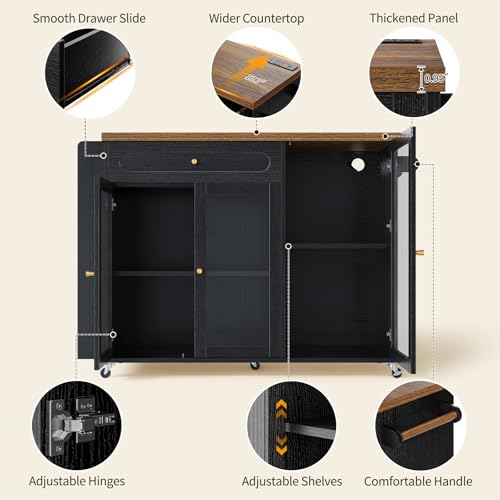 Kitchen Island with Power Outlet - Kitchen Cart on Wheels with Storage Cabinets & Drawers, Rolling Island Table with Spice & Towel Rack, Portable Islands with Large Wood Counter, Dinning Room - color: Black