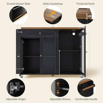 Kitchen Island with Power Outlet - Kitchen Cart on Wheels with Storage Cabinets & Drawers, Rolling Island Table with Spice & Towel Rack, Portable Islands with Large Wood Counter, Dinning Room - color: Black