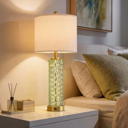 Oneach 27.75" Modern Table Lamps Set of 2, Green Bedside Lamp with Glass Nightlight, USB A+C, Unique Desk Lamps for Living Room, Bedroom, Nightstand, End Table (2 Bulbs Included) - color: Green - White Shade