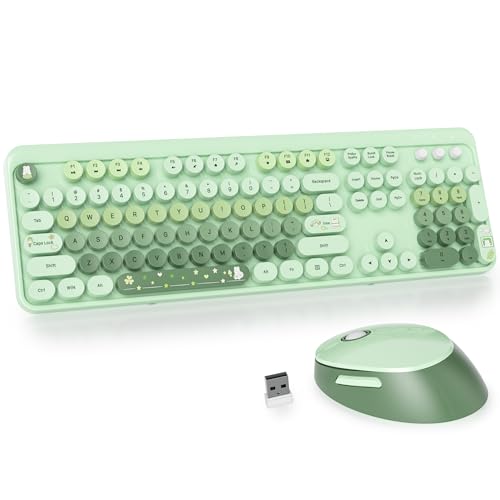 GTSP Typewriter Colorful Green Wireless Keyboard and Mouse Combo, 2.4GHz Full-Size Retro Cute Office Computer Keyboard with Round Keycaps for Desktop Laptop and PC (Colorful Green) - color: Colorful Green