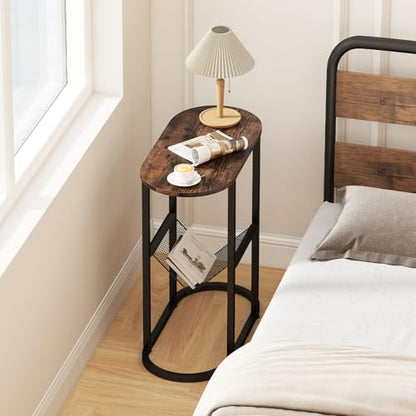 Giantex Oval Narrow Side Table, Set of 2 Small End Table with Magazine Rack Sling Holder Pouch, Industrial Nightstand, Bedside Tables for Living Room Bedroom Couch Small Spaces, Rustic Brown & Black - color: Rustic Brown & Black