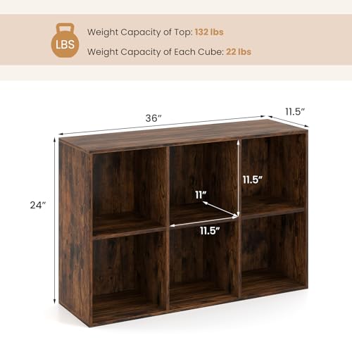 Giantex 6-Cube Bookcase, 3-Tier Cubby Bookshelf, Horizontal Vertical Display Rack with Anti-Tipping Kits, Modern Storage Organizer Shelf Unit for Living Room, Home Office, Rustic Brown | Horizontal Vertical Display Rack with Anti-Tipping Kits, Modern Stor