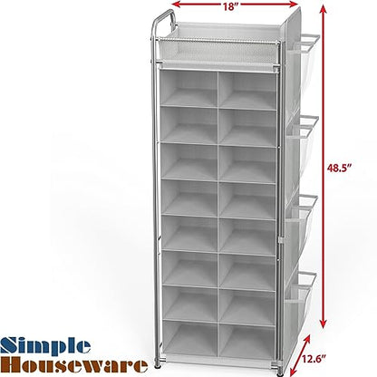 Simple Houseware 16 Cube Shoe Stand Tower Rack 8 Tier, Gray | Top Shelf and Side Hanging Pockets - color: Gray