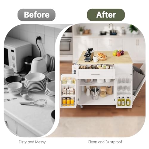 Kitchen Island with Storage, Island Table for Kitchen with Widen Drop Leaf Rubberwood Top, Trash Can Storage and Towel Bar, Rolling Kitchen Island Cart on Wheels for Indoor Outdoor, White