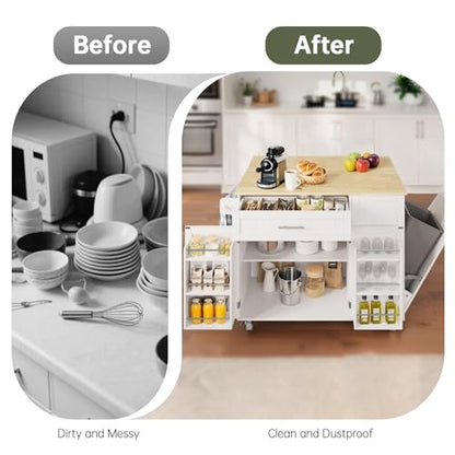 Kitchen Island with Storage, Island Table for Kitchen with Widen Drop Leaf Rubberwood Top, Trash Can Storage and Towel Bar, Rolling Kitchen Island Cart on Wheels for Indoor Outdoor, White