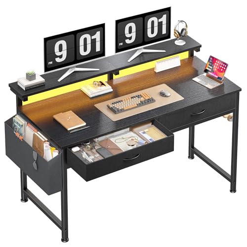 DurayLoly 47.3Inch Gaming Desk with LED Lights with 2 Drawers, Home Office Desk Computer Desk with Side Pocket & Ergonomic Monitor Stand, Small Space Study Writing Table with Anti-Tip Design,Black - color: Black, size: 47.3 Inch