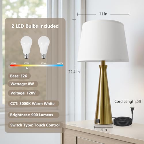 Seealle Modern Table Lamps Set of 2 - Touch Bedside Lamps for Nightstand with Dual USB C+A,3-Way Dimmable Gold Nightstand Lamps for Living Room Bedroom (Bulb Included) - color: G. Gold-White