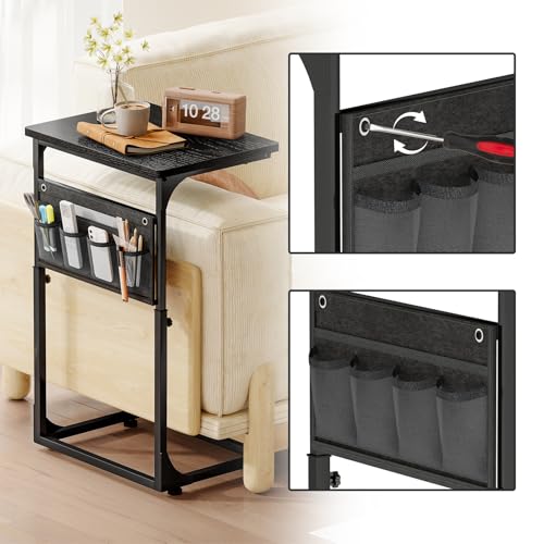 Fixwal C Shaped Side Table Adjustable Height End Table for Couch Small Sofa Table TV Tray with Storage Bag for Living Room, Bedroom & Office, Black - color: Black, style: Wide Board