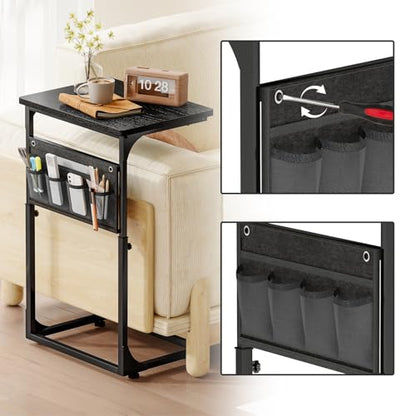 Fixwal C Shaped Side Table Adjustable Height End Table for Couch Small Sofa Table TV Tray with Storage Bag for Living Room, Bedroom & Office, Black - color: Black, style: Wide Board