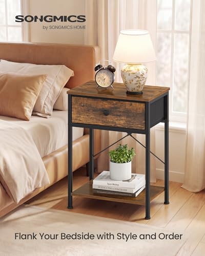 SONGMICS Nightstand, Small Side Table with Fabric Drawer, Narrow End Table, 15.6 x 11.8 x 23.8 in, Bedroom Furniture for Small Spaces, Rustic Brown, BELLAH Collection ULGS101K101S | Side End Table for Bedroom, Living Room, Rustic Brown, BELLAH Collection,