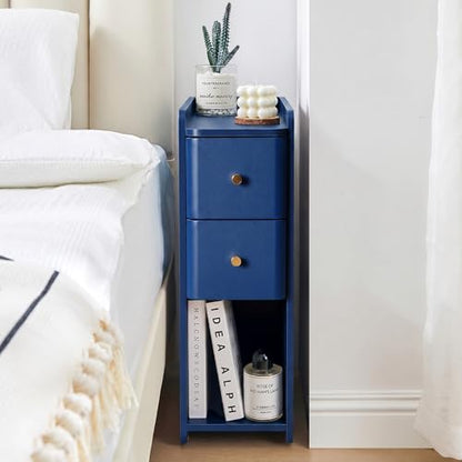 Blue Narrow Nightstand, Wooden Small 2 Drawer Nightstand, Slim Side End Table, Skinny Bedside Table, Mid Century Modern Night Stand with Drawers, for Living Room (Blue-1 pc) - color: Blue-1 Pc
